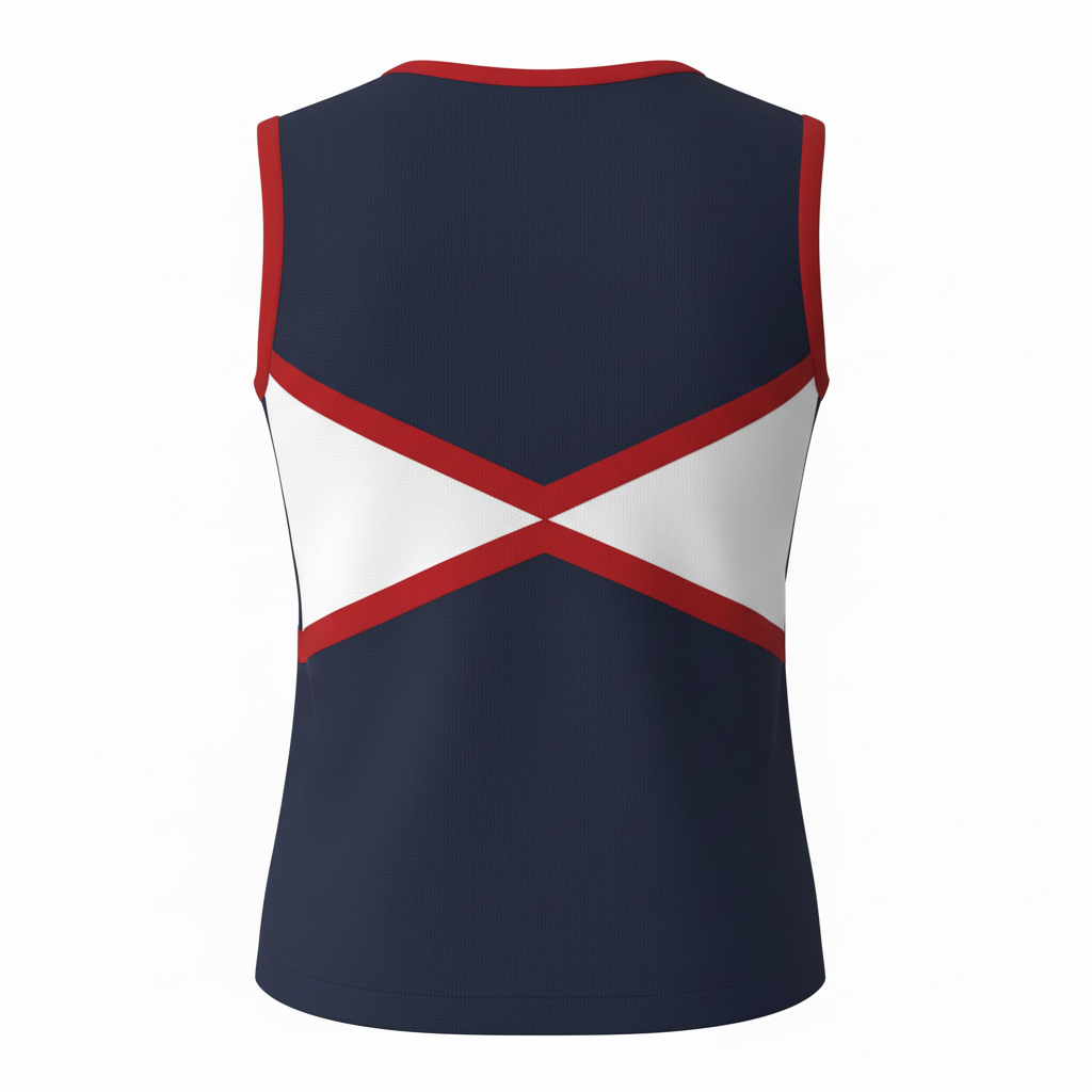 Back view of custom cheer shell top showing the vinyl team name
