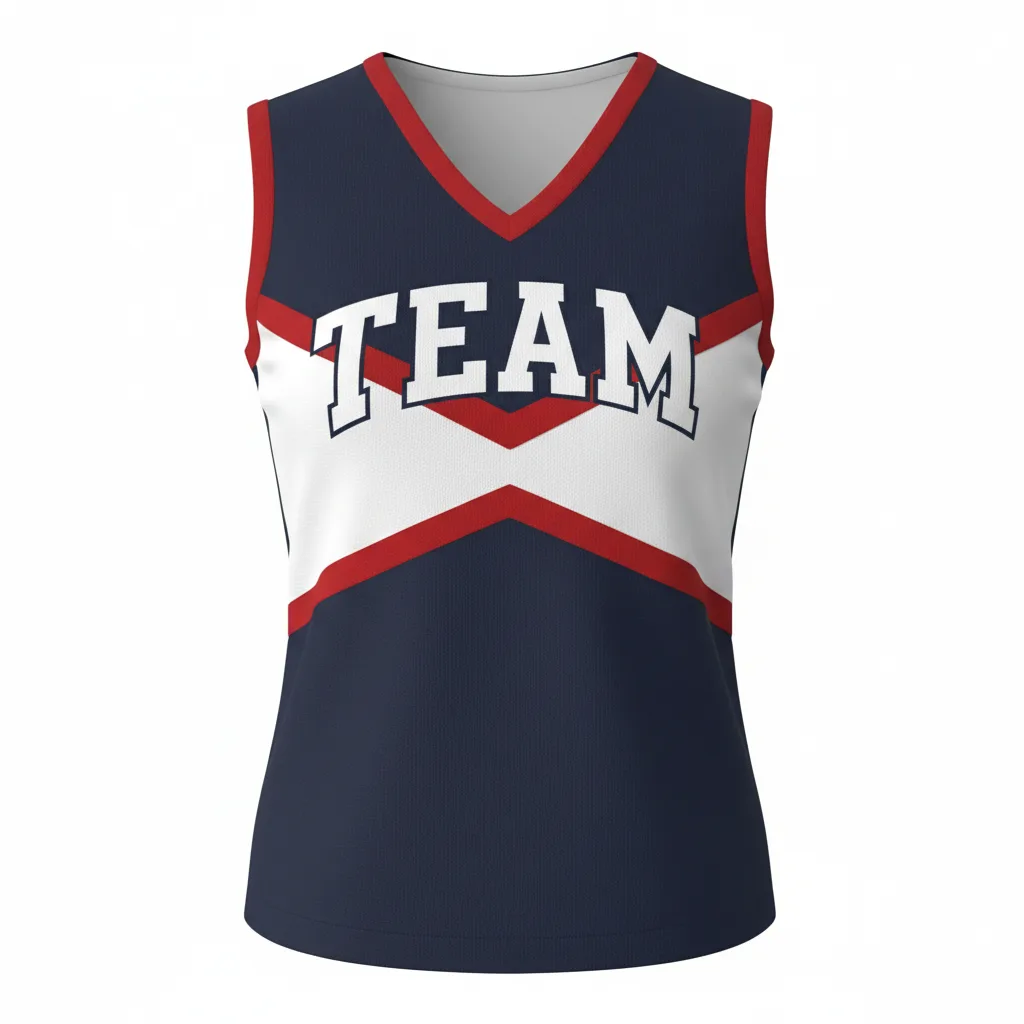 Front view of custom cheer shell top in 4-way-stretch poly-spandex with sublimated program colors and rhinestone bling from Empire Five Athletics