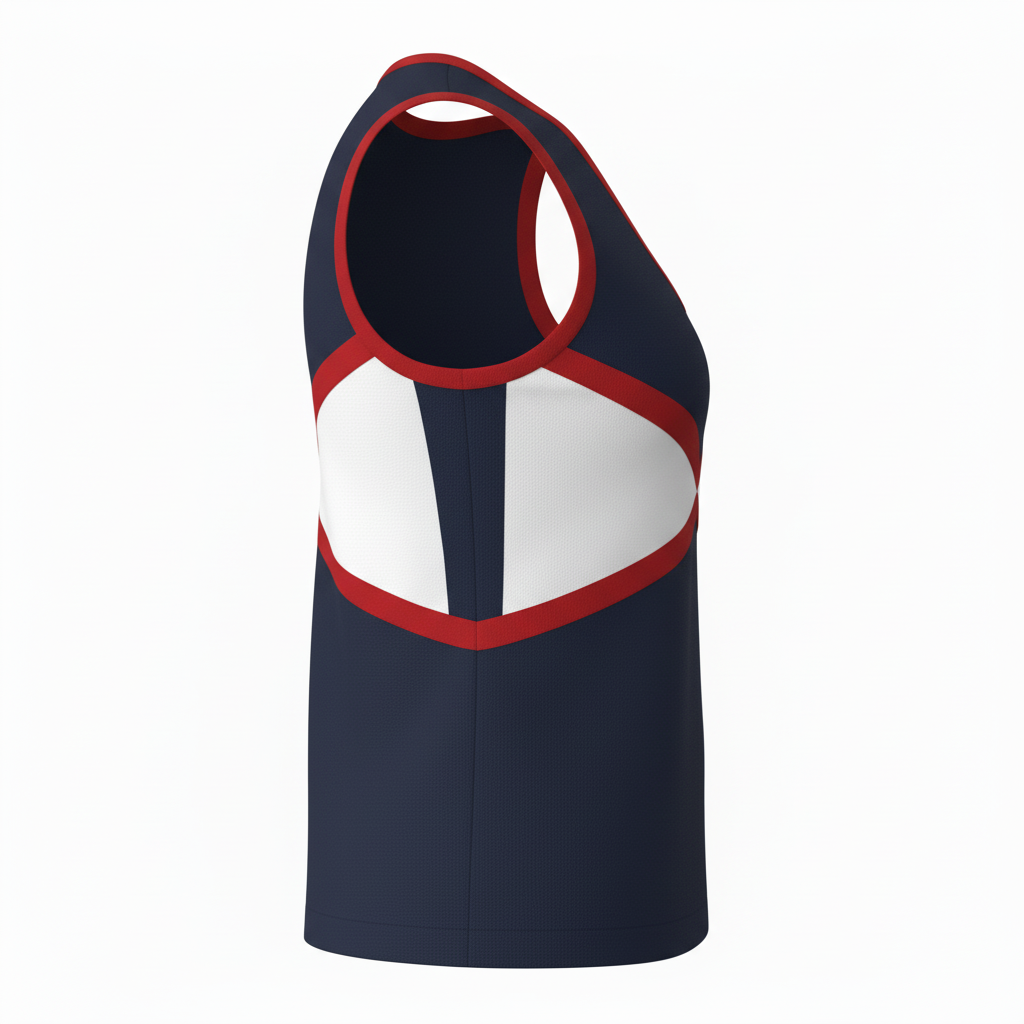 Side view of custom cheer shell top showing the fitted competition cut and flatlock seam