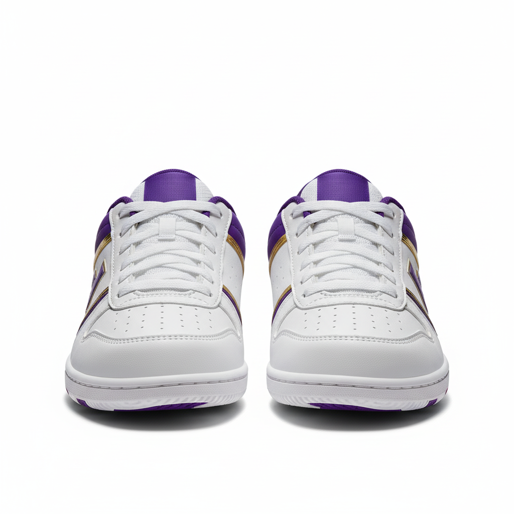 Front view of custom cheer shoes in a custom team colorway with a logo from Empire Five Athletics