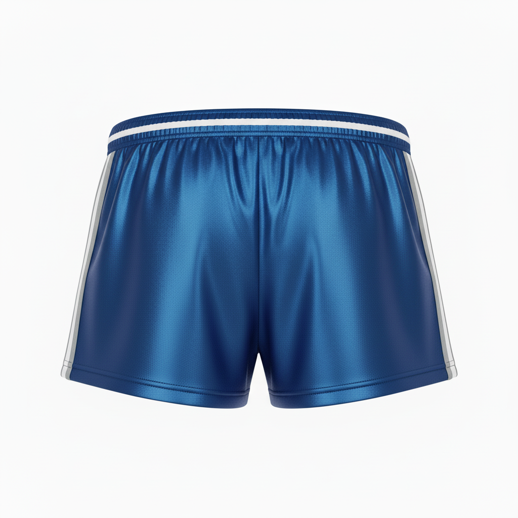 Back view of custom metallic cheer shorts showing the vinyl team name