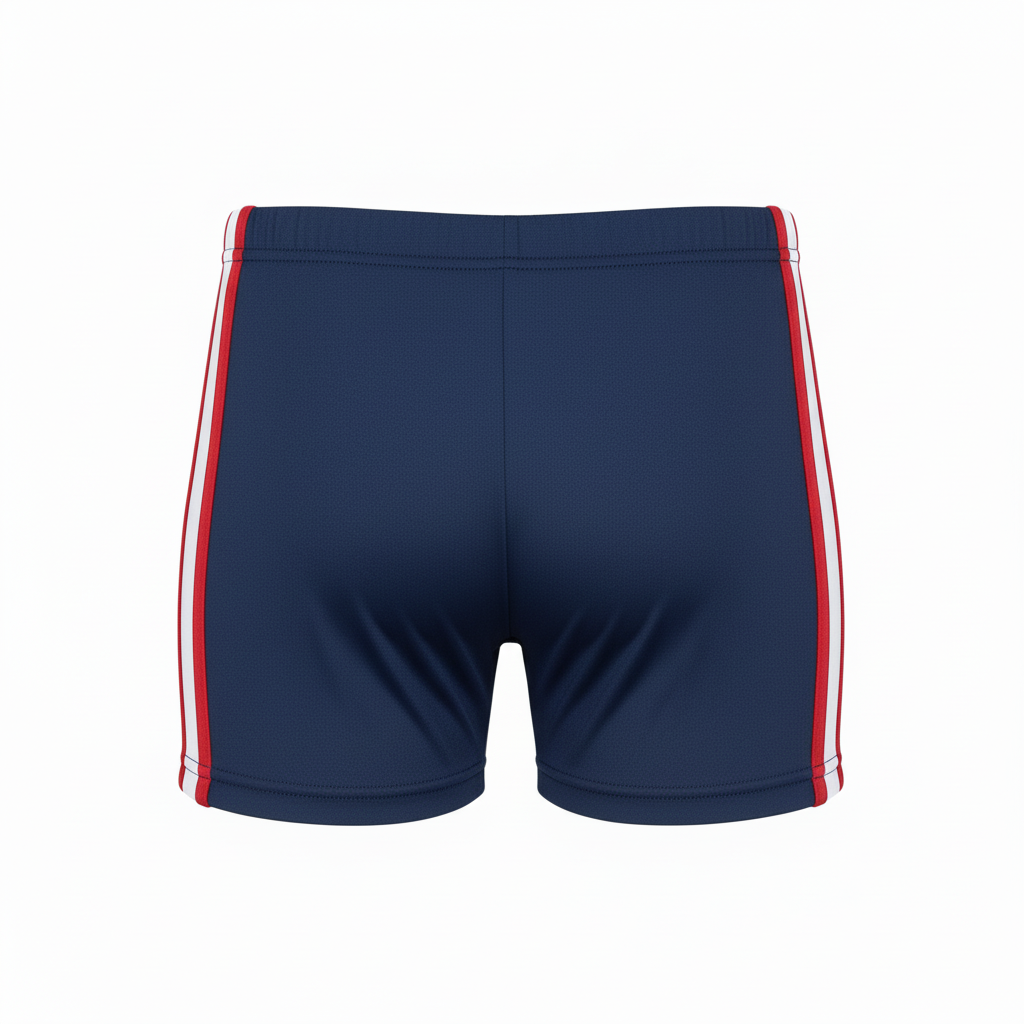 Back view of custom cheer spandex shorts showing the sublimated team name