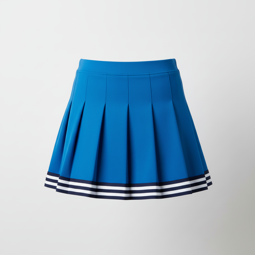 Back view of custom knife-pleat cheer skirt showing the sharp pleats and attached briefs