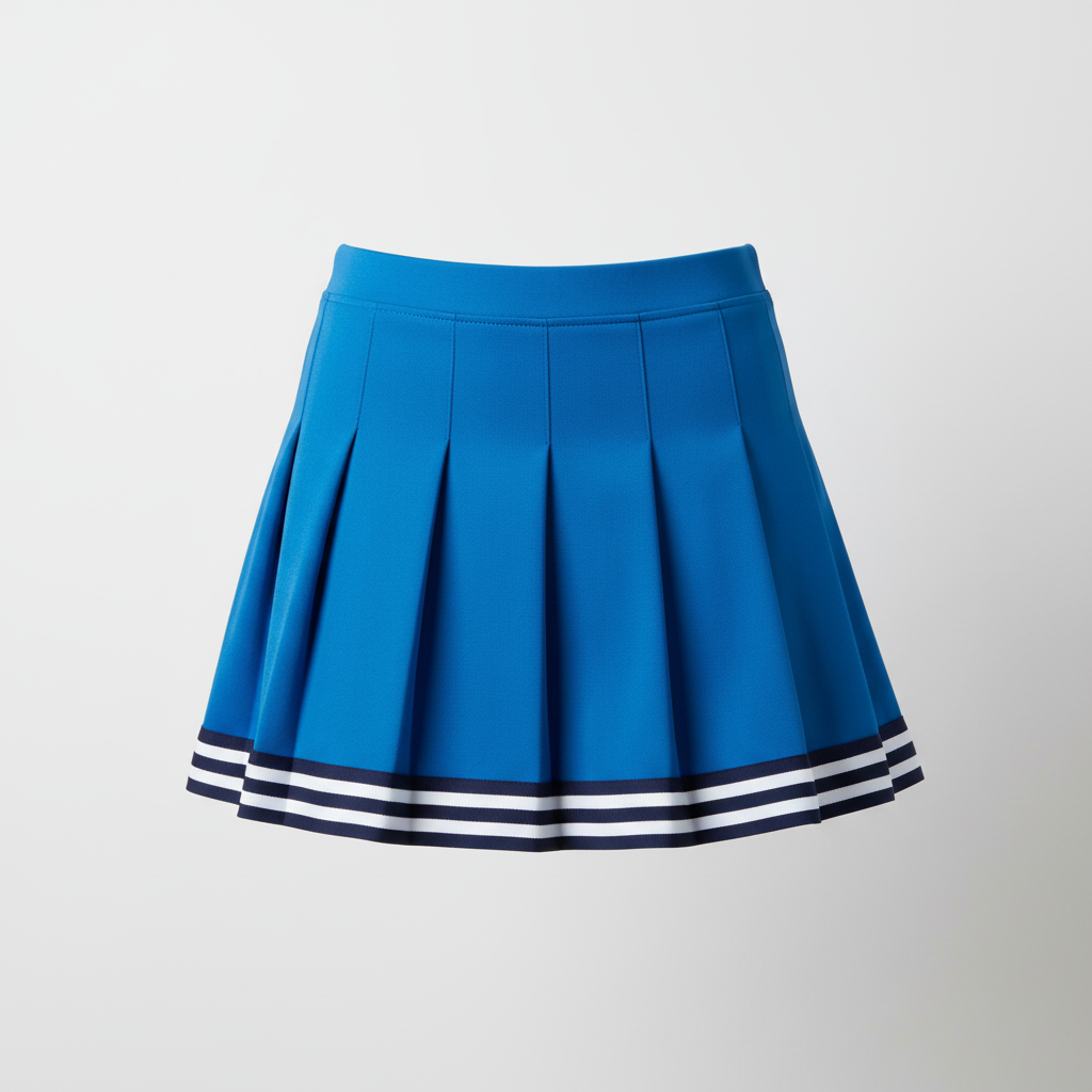 Front view of custom knife-pleat cheer skirt in 4-way-stretch poly-spandex with sharp knife pleats and sublimated program colors from Empire Five Athletics