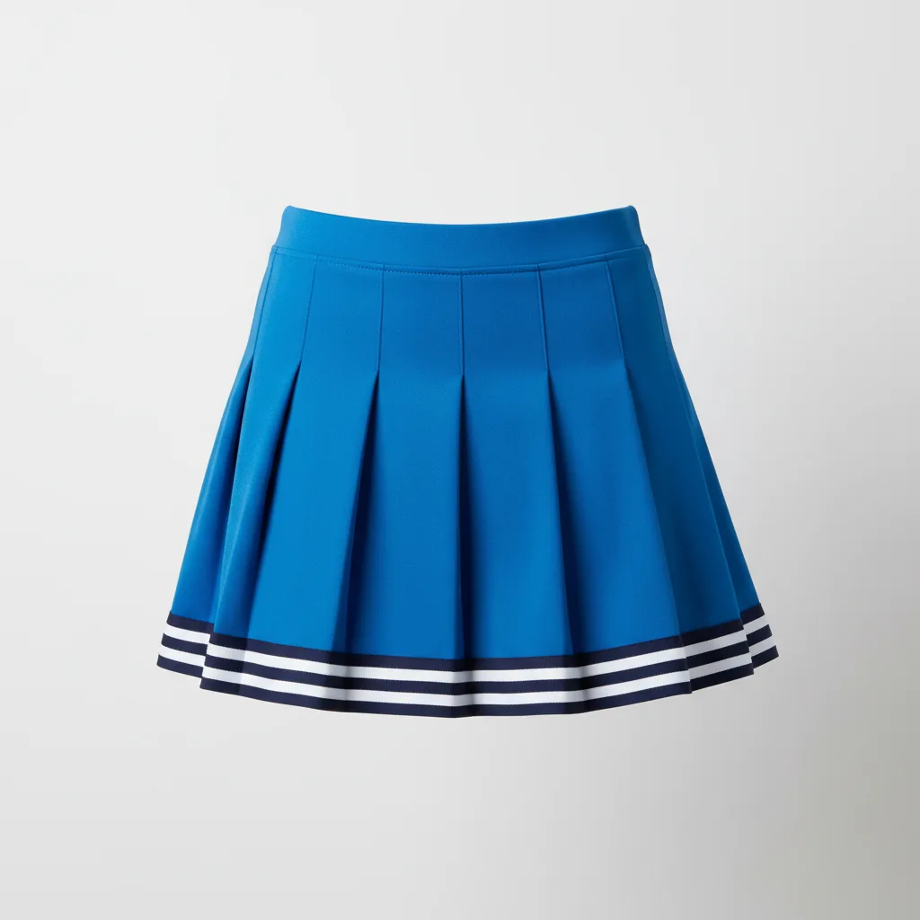 Front view of custom knife-pleat cheer skirt in 4-way-stretch poly-spandex with sharp knife pleats and sublimated program colors from Empire Five Athletics