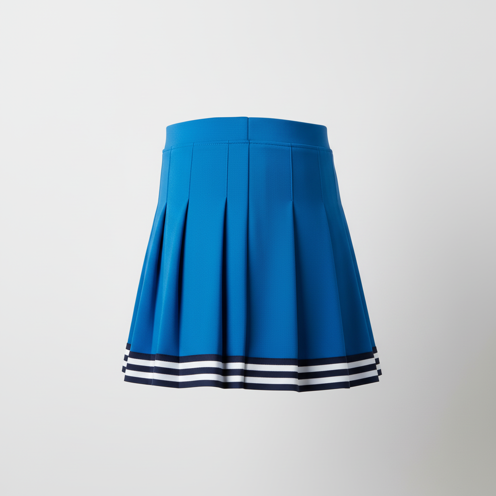 Side view of custom knife-pleat cheer skirt showing the knife-pleat line