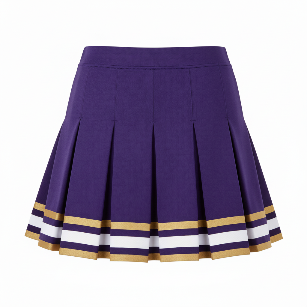 Back view of custom pleated cheer skirt showing the box pleats and attached briefs