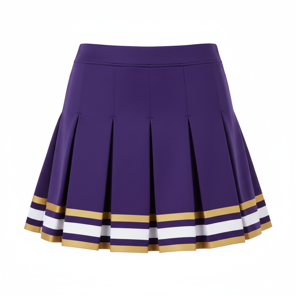 Front view of custom pleated cheer skirt in 4-way-stretch poly-spandex with box pleats and sublimated program colors from Empire Five Athletics