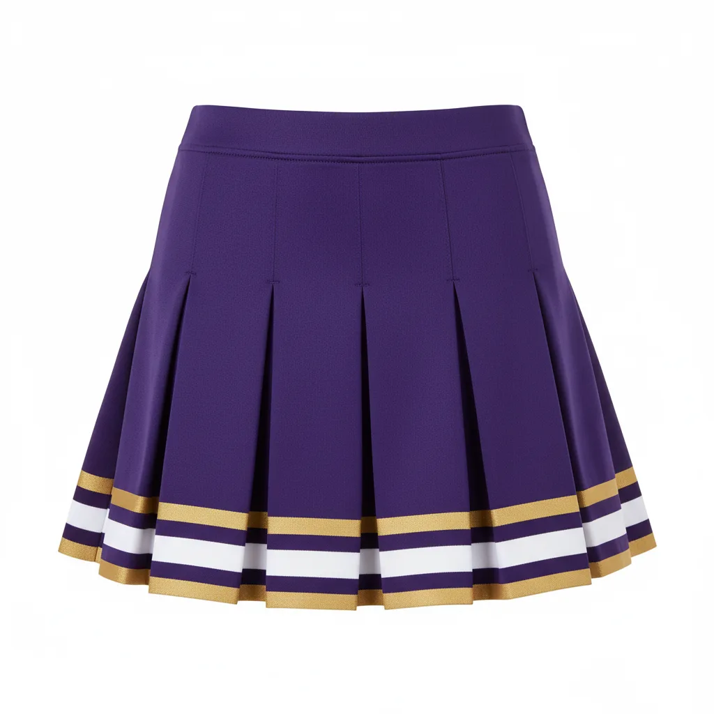 Front view of custom pleated cheer skirt in 4-way-stretch poly-spandex with box pleats and sublimated program colors from Empire Five Athletics