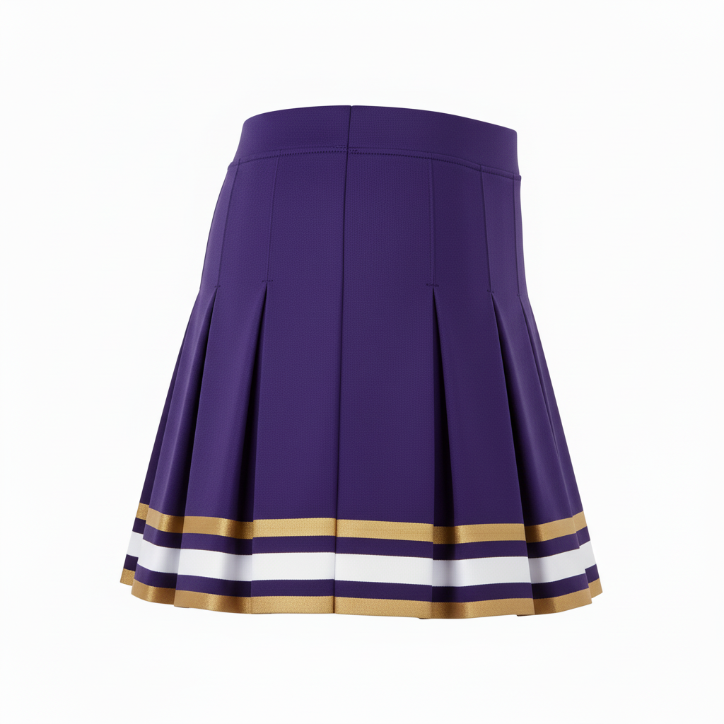 Side view of custom pleated cheer skirt showing the pleat depth and waistband