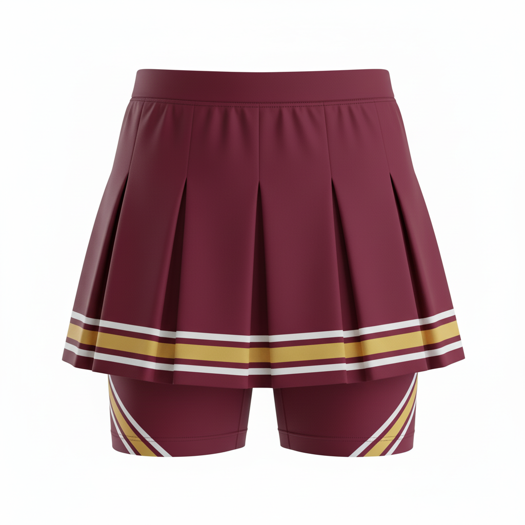 Back view of custom cheer skirt with shorts showing the built-in boy-cut shorts