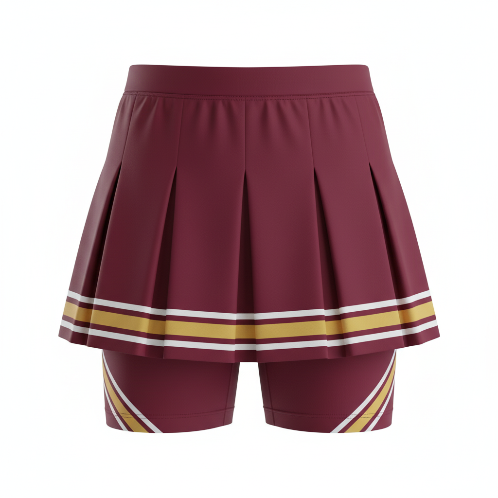 Front view of custom cheer skirt with shorts in 4-way-stretch poly-spandex with sublimated program colors from Empire Five Athletics