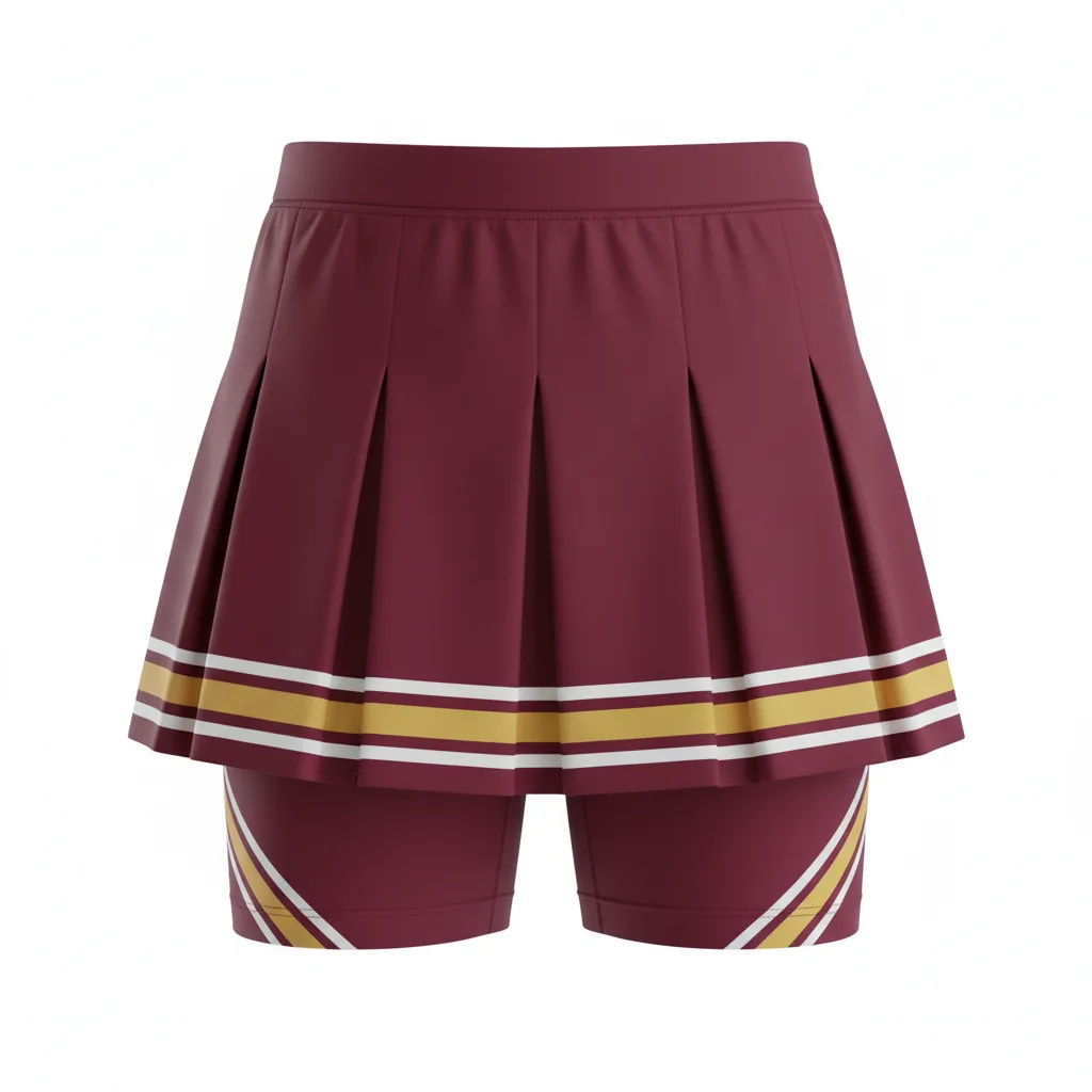 Front view of custom cheer skirt with shorts in 4-way-stretch poly-spandex with sublimated program colors from Empire Five Athletics