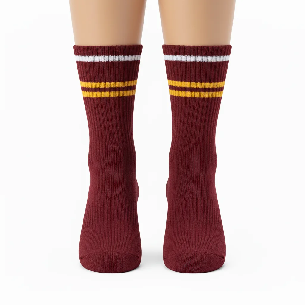 Front view of custom cheer crew socks in cushioned knit with a sublimated panel from Empire Five Athletics