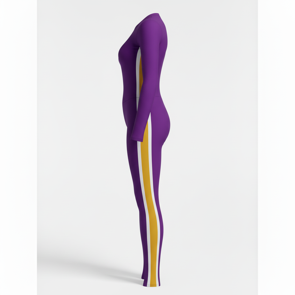 Side view of custom dance unitard showing the shoulder-to-ankle cut
