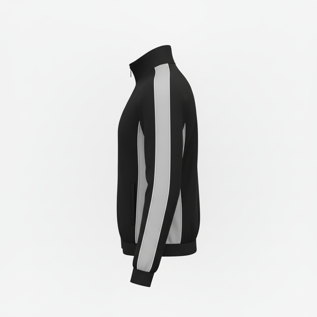 Side view of custom cheer warm-up jacket showing the zip pocket and stand collar