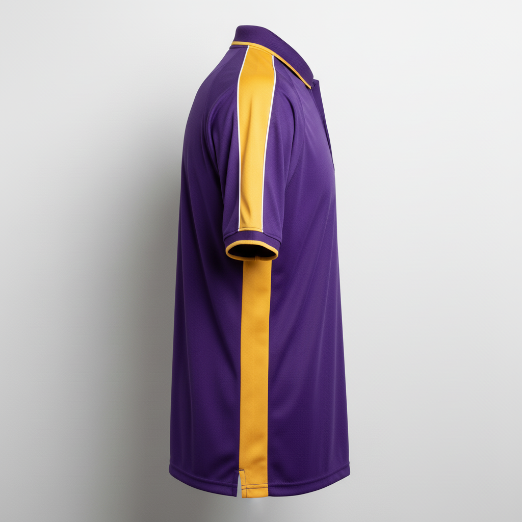 Side view of custom football coaches polo showing the side vent and sublimated panel