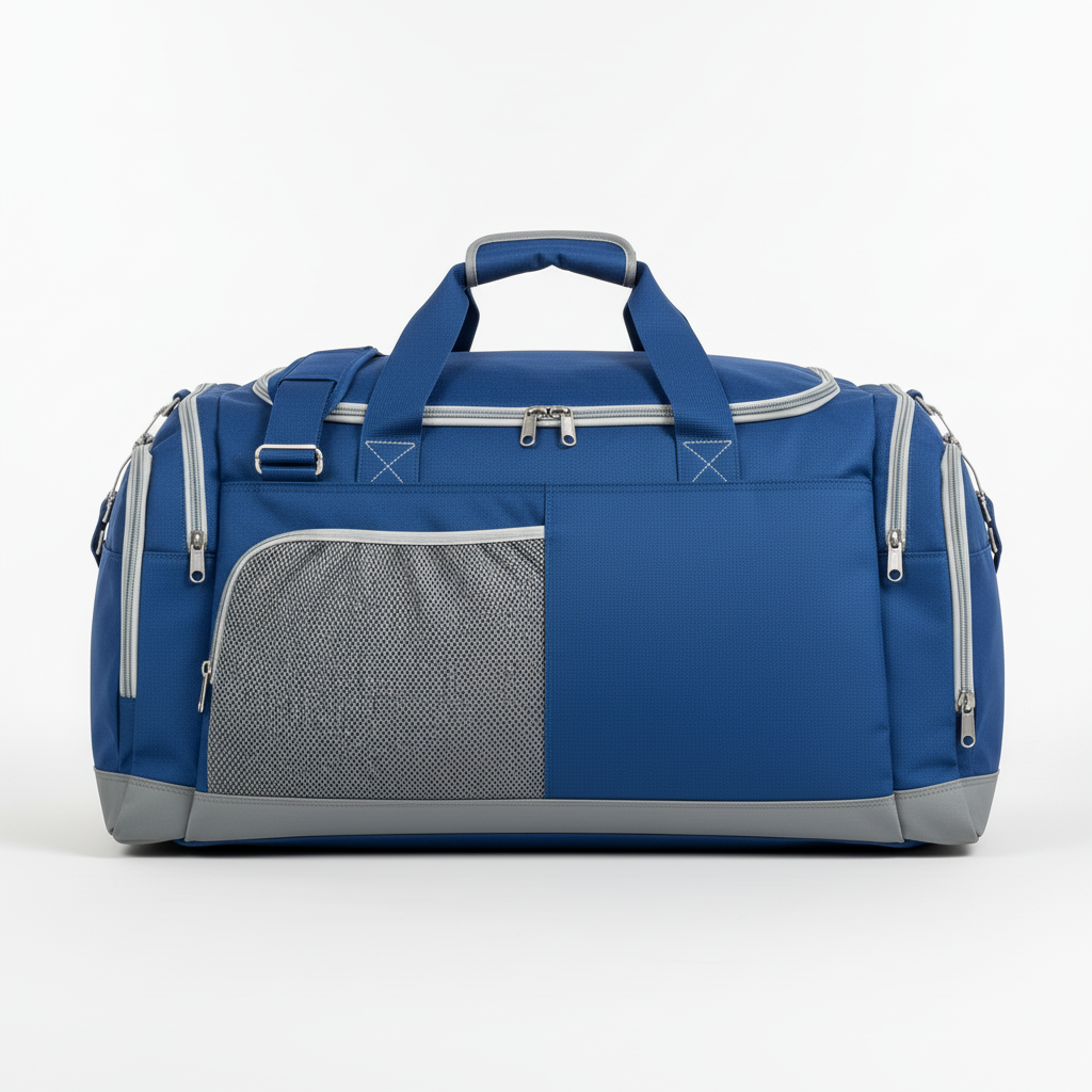 Side view of custom large football equipment bag showing the vented helmet compartment and reinforced base