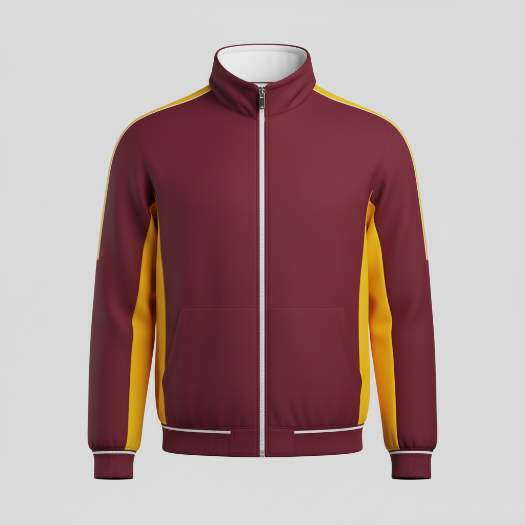 Front view of custom football fleece full-zip jacket in 300 GSM polyester micro-fleece with a full zip and embroidered team logo from Empire Five Athletics