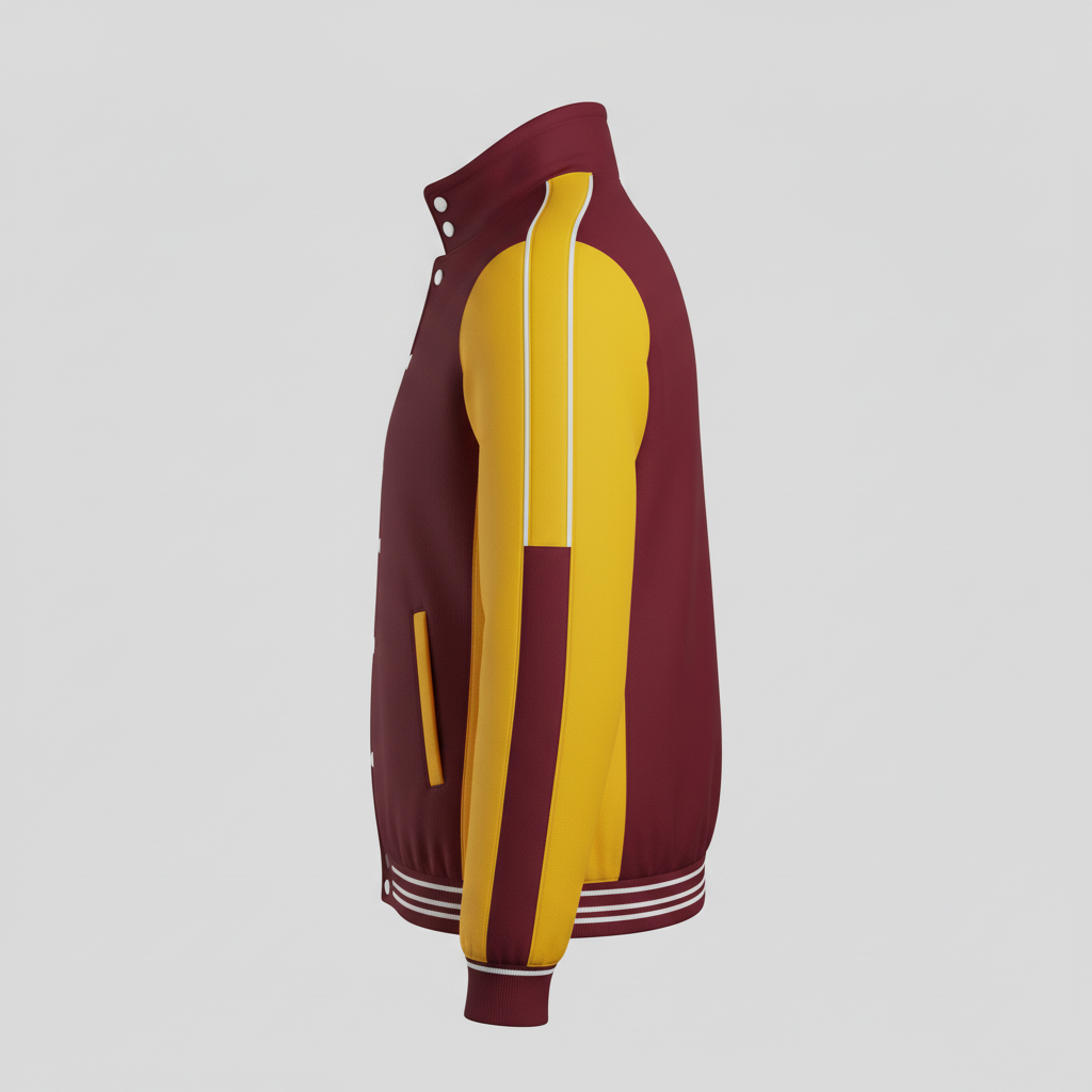 Side view of custom football fleece full-zip jacket showing the zip pocket and stand collar