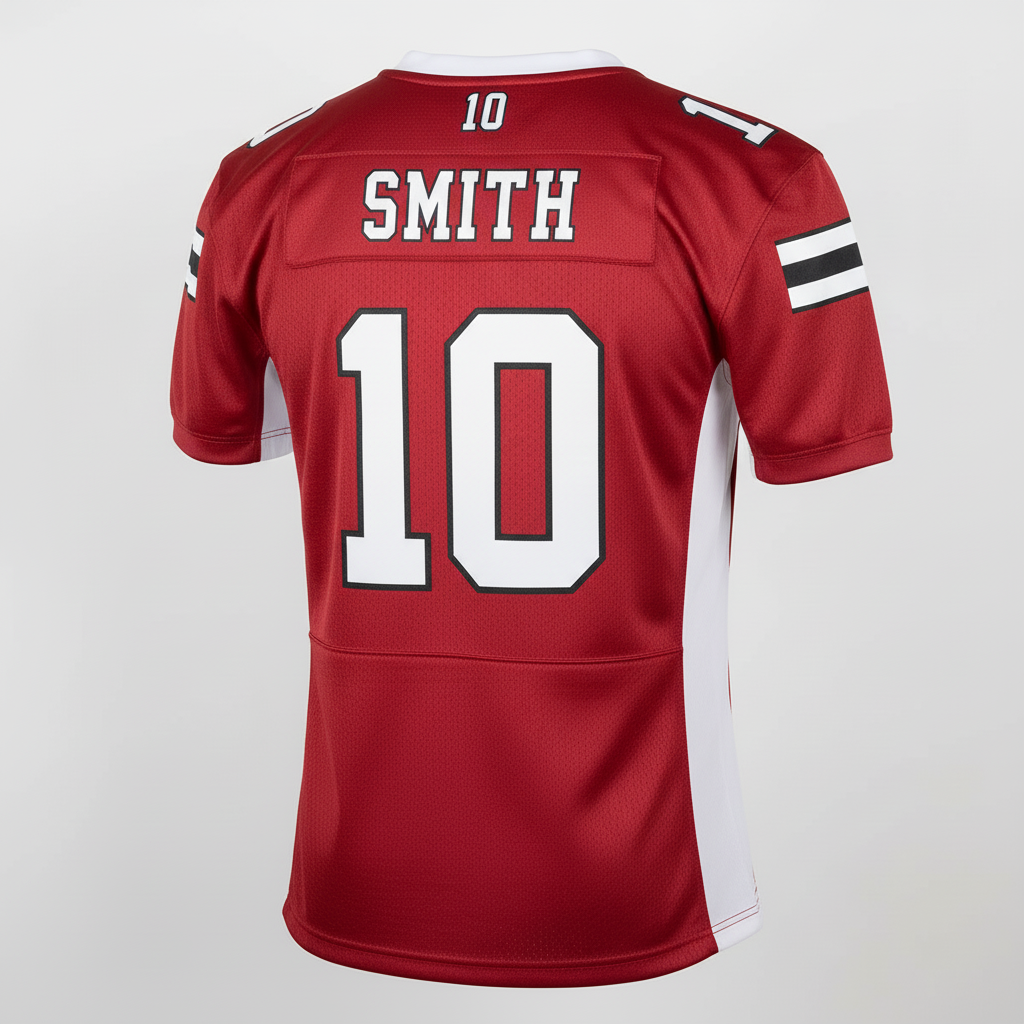 Back view of custom dazzle-mesh football jersey showing the nameplate and pro-cut number