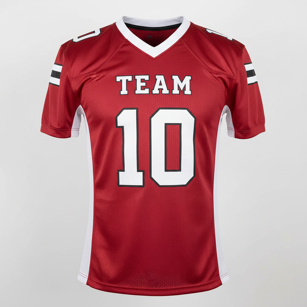 Front view of custom dazzle-mesh football jersey in shiny 220 GSM dazzle tricot with tackle-twill pro numbers from Empire Five Athletics