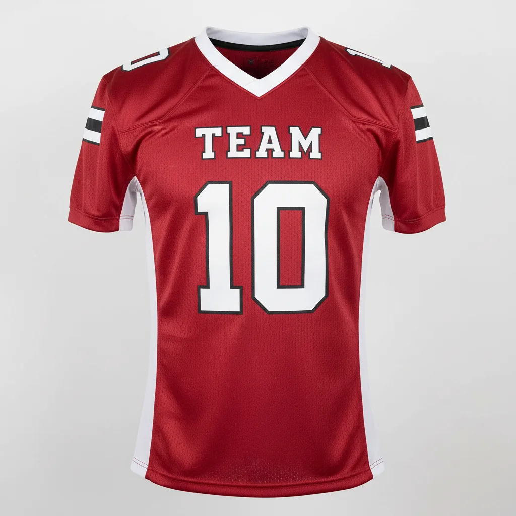 Front view of custom dazzle-mesh football jersey in shiny 220 GSM dazzle tricot with tackle-twill pro numbers from Empire Five Athletics