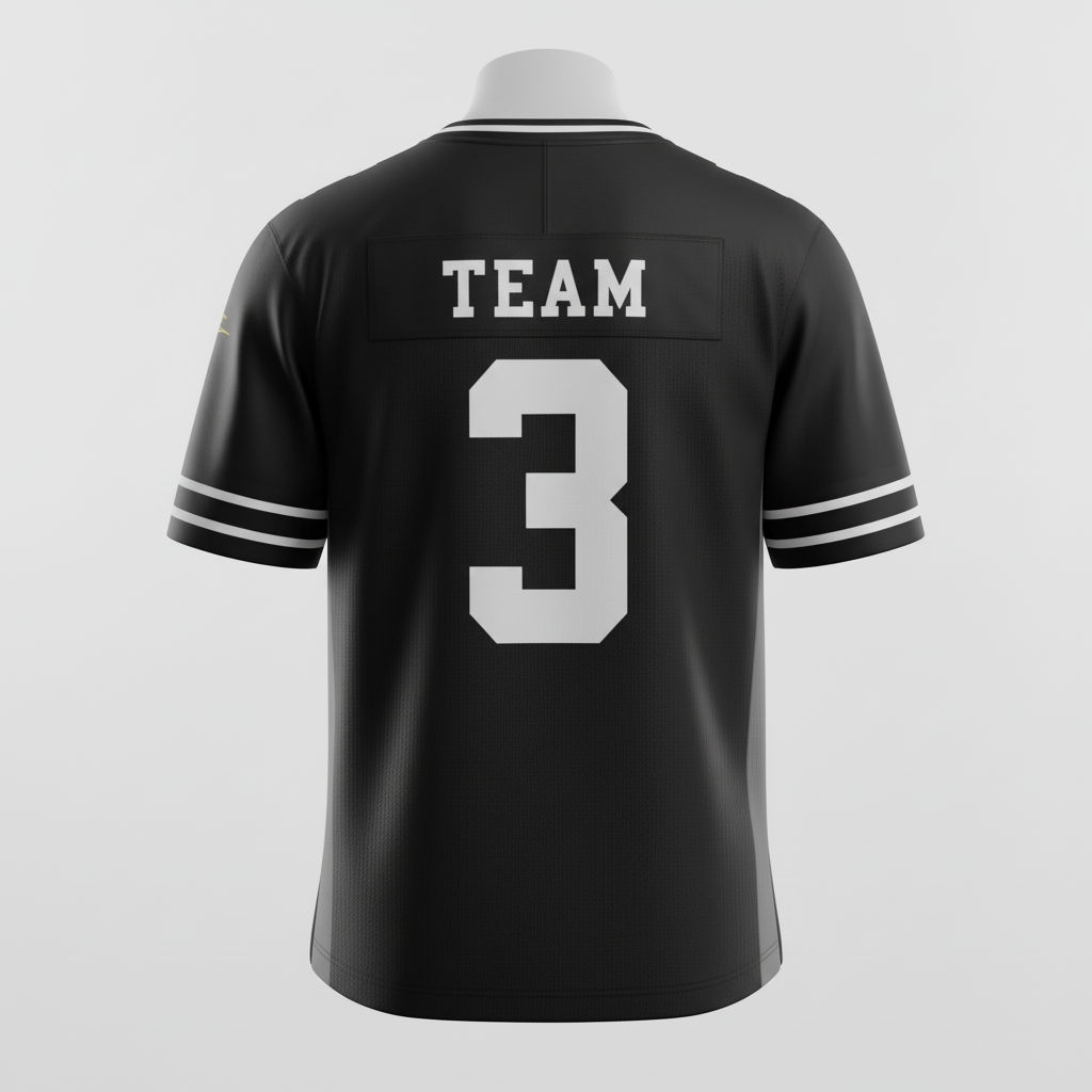 Back view of custom laceless football jersey showing the nameplate and pro-cut number