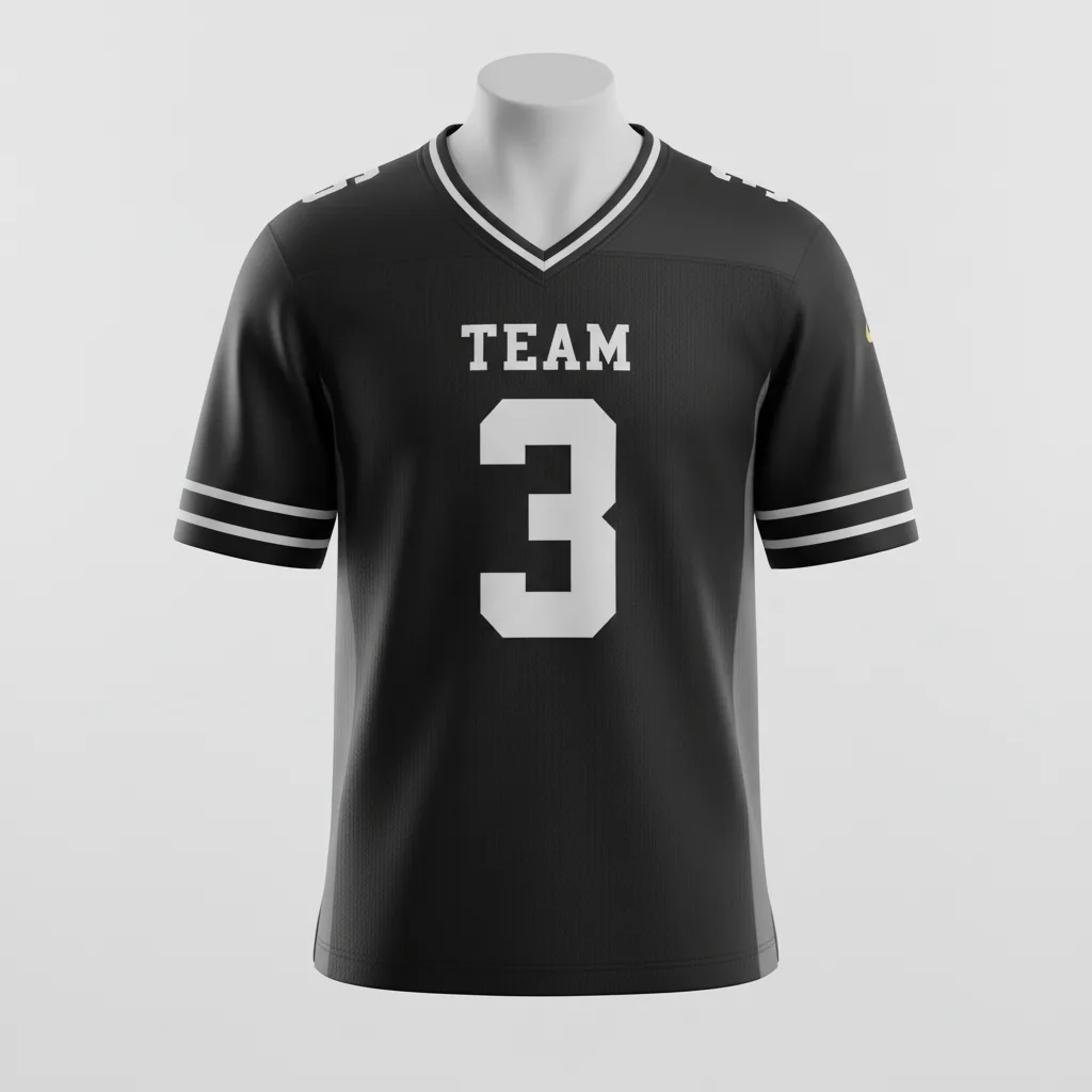 Front view of custom laceless football jersey in 200 GSM game mesh with a clean laceless collar and tackle-twill numbers from Empire Five Athletics