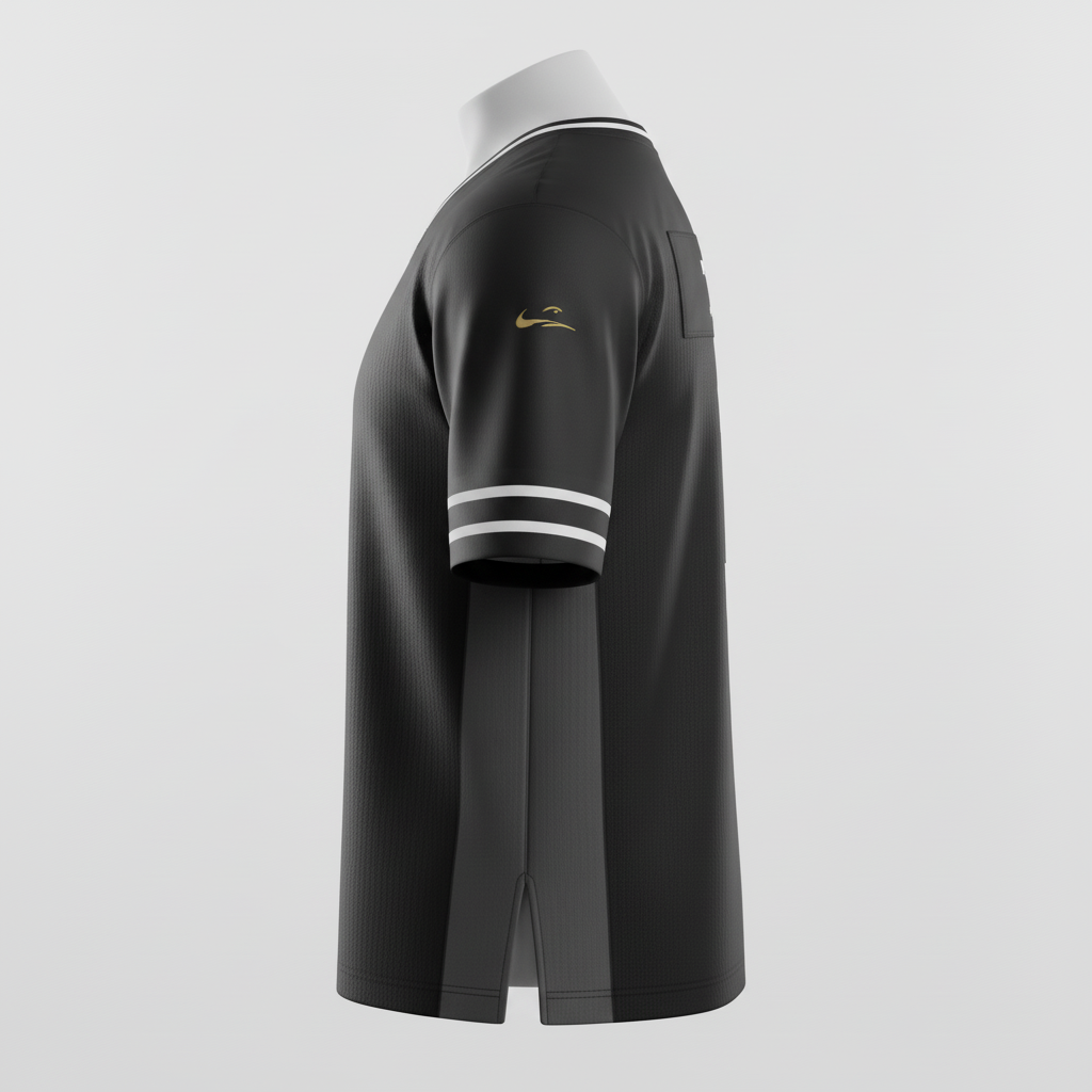 Side view of custom laceless football jersey showing the laceless collar and reinforced seam