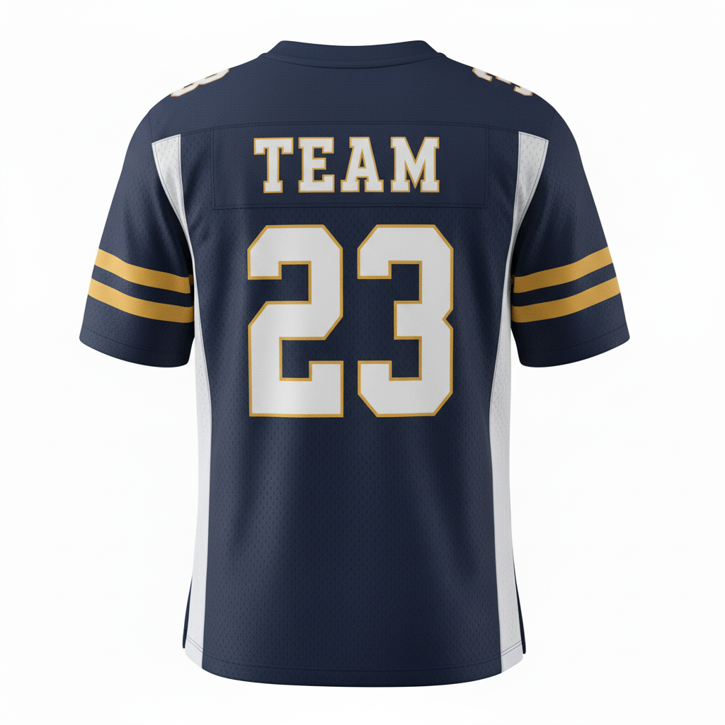 Back view of custom porthole-mesh football jersey showing the nameplate and pro-cut number