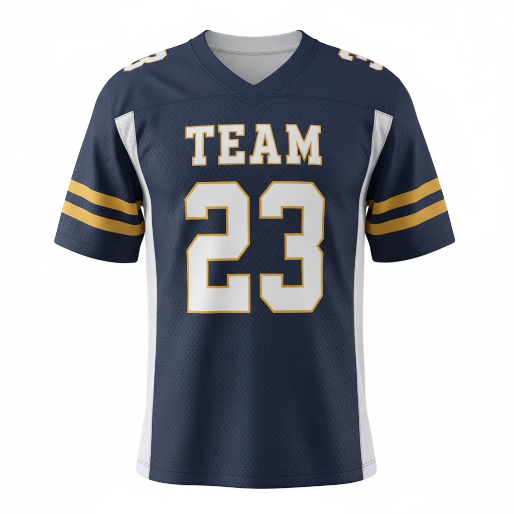 Front view of custom porthole-mesh football jersey in 200 GSM open-hole polyester mesh with tackle-twill pro numbers from Empire Five Athletics