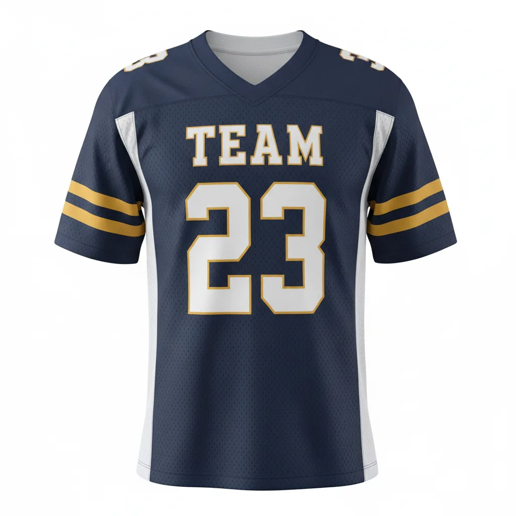 Front view of custom porthole-mesh football jersey in 200 GSM open-hole polyester mesh with tackle-twill pro numbers from Empire Five Athletics