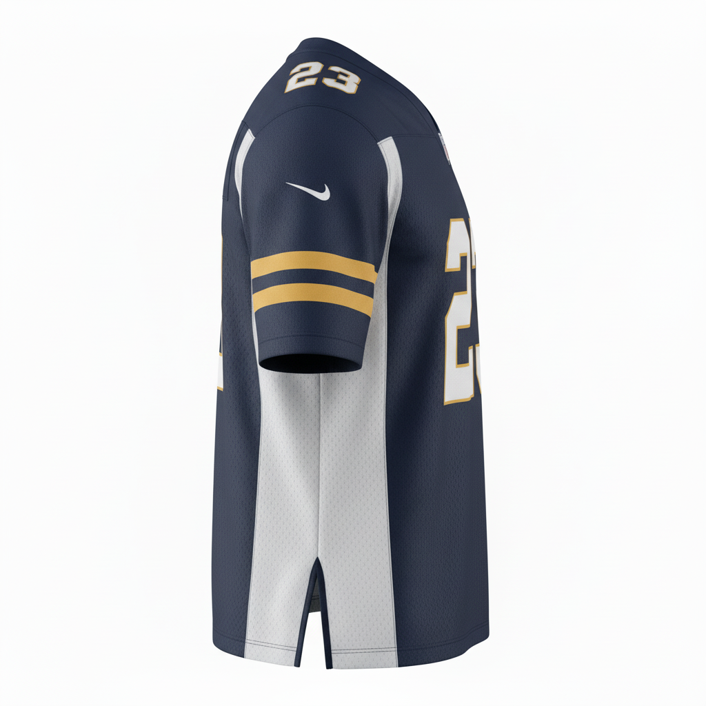 Side view of custom porthole-mesh football jersey showing the open mesh and reinforced seam