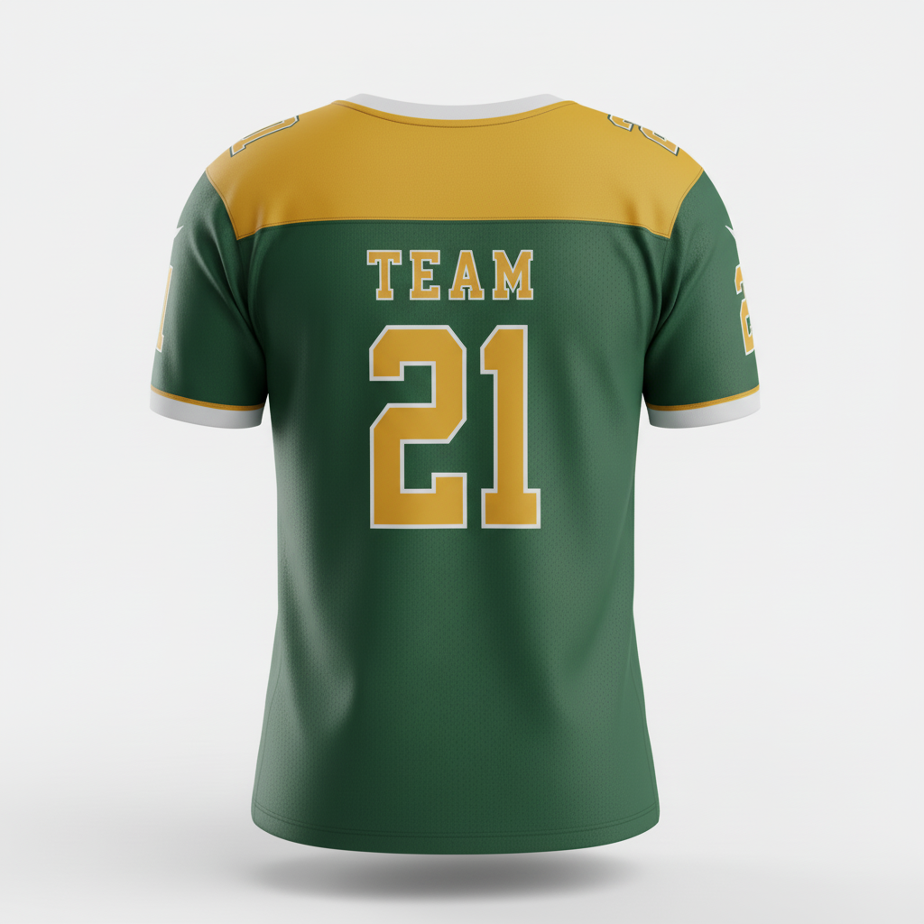 Back view of custom scoop-neck football jersey showing the nameplate and pro-cut number
