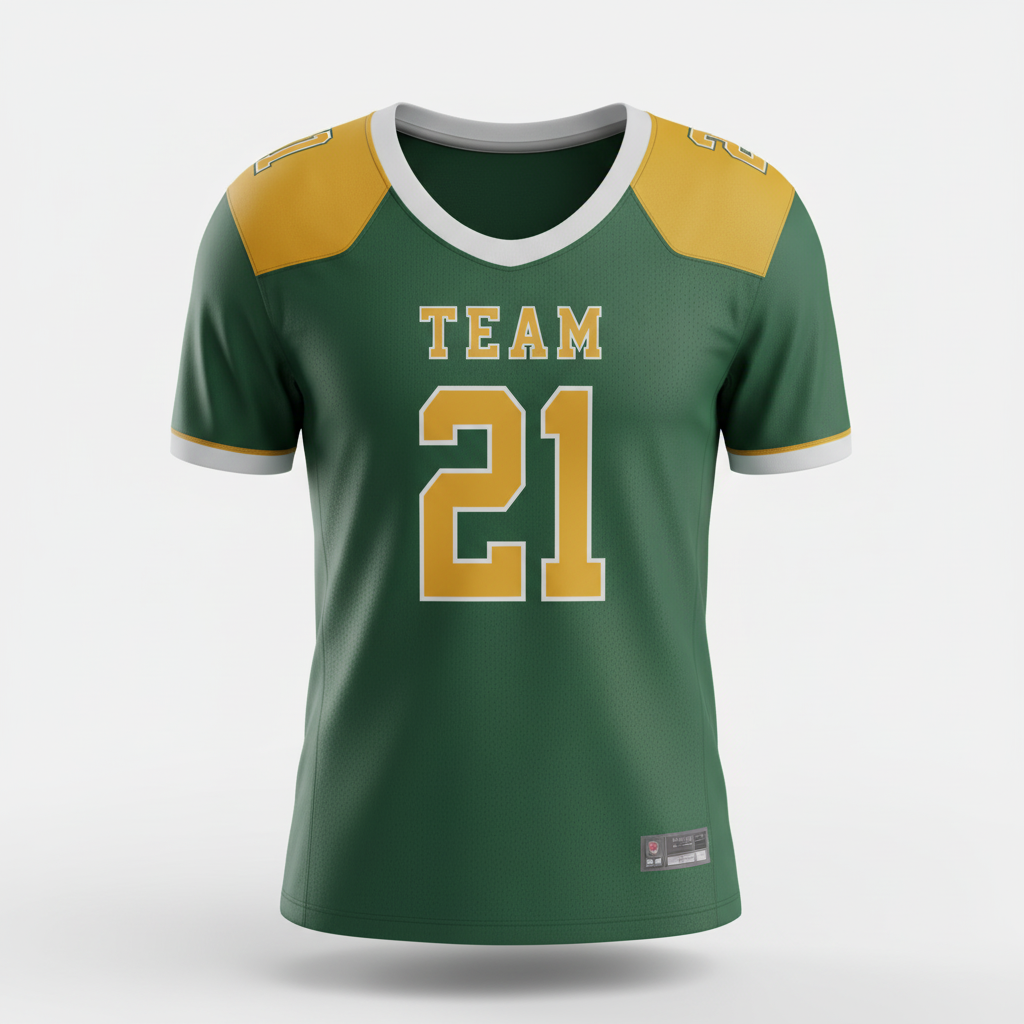 Front view of custom scoop-neck football jersey in 200 GSM game mesh with a scoop-neck collar and tackle-twill numbers from Empire Five Athletics