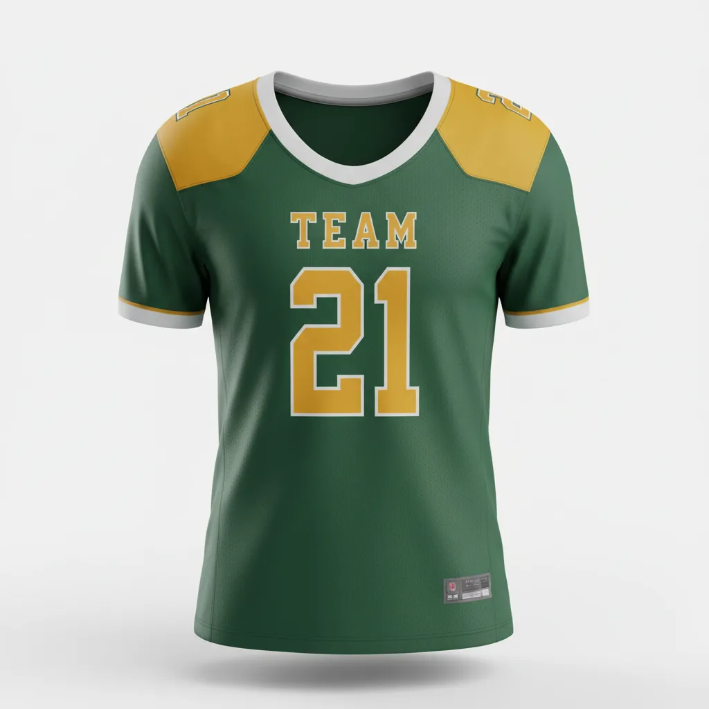 Front view of custom scoop-neck football jersey in 200 GSM game mesh with a scoop-neck collar and tackle-twill numbers from Empire Five Athletics