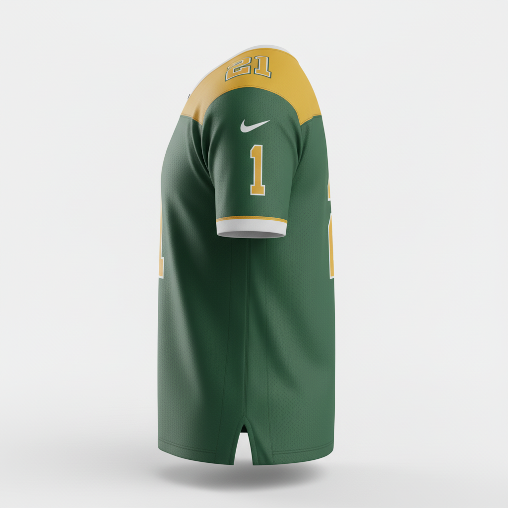 Side view of custom scoop-neck football jersey showing the scoop collar and reinforced seam
