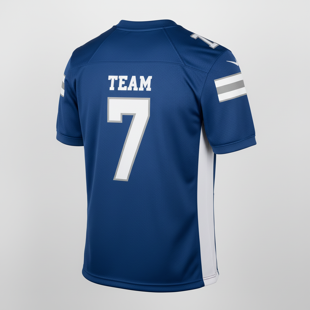 Back view of custom two-button football jersey showing the nameplate and pro-cut number