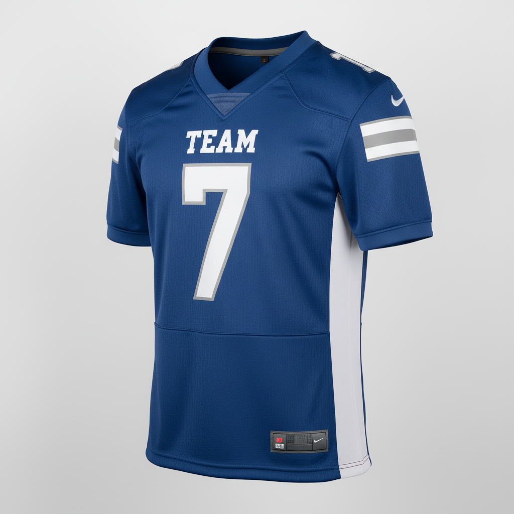 Front view of custom two-button football jersey in 200 GSM game mesh with a two-button collar and tackle-twill numbers from Empire Five Athletics