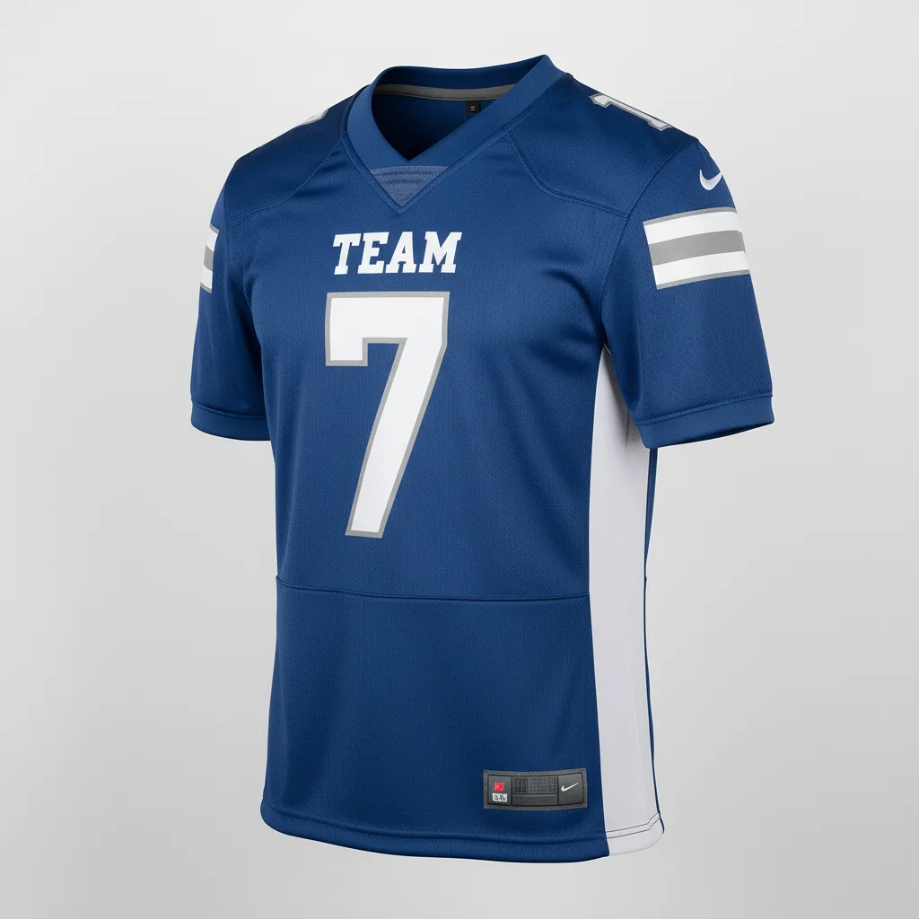 Front view of custom two-button football jersey in 200 GSM game mesh with a two-button collar and tackle-twill numbers from Empire Five Athletics