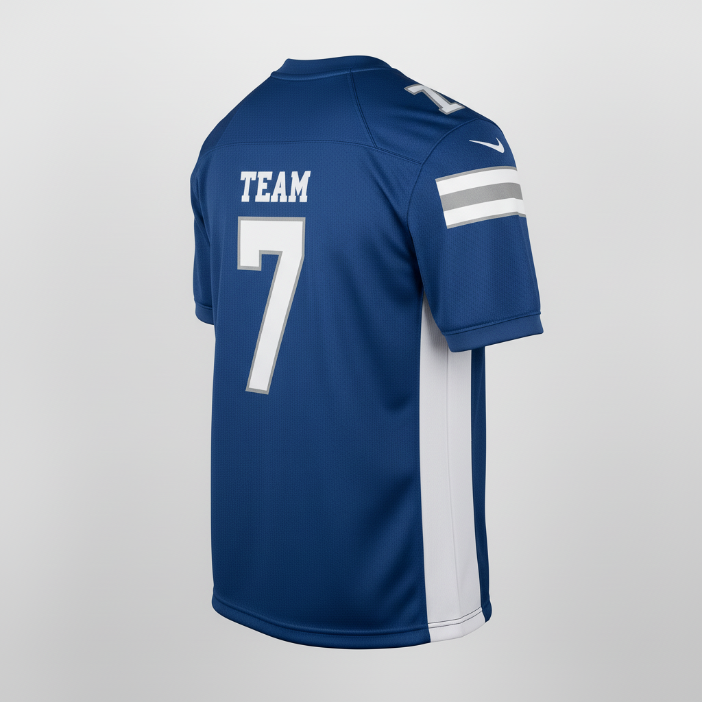 Side view of custom two-button football jersey showing the collar and reinforced seam