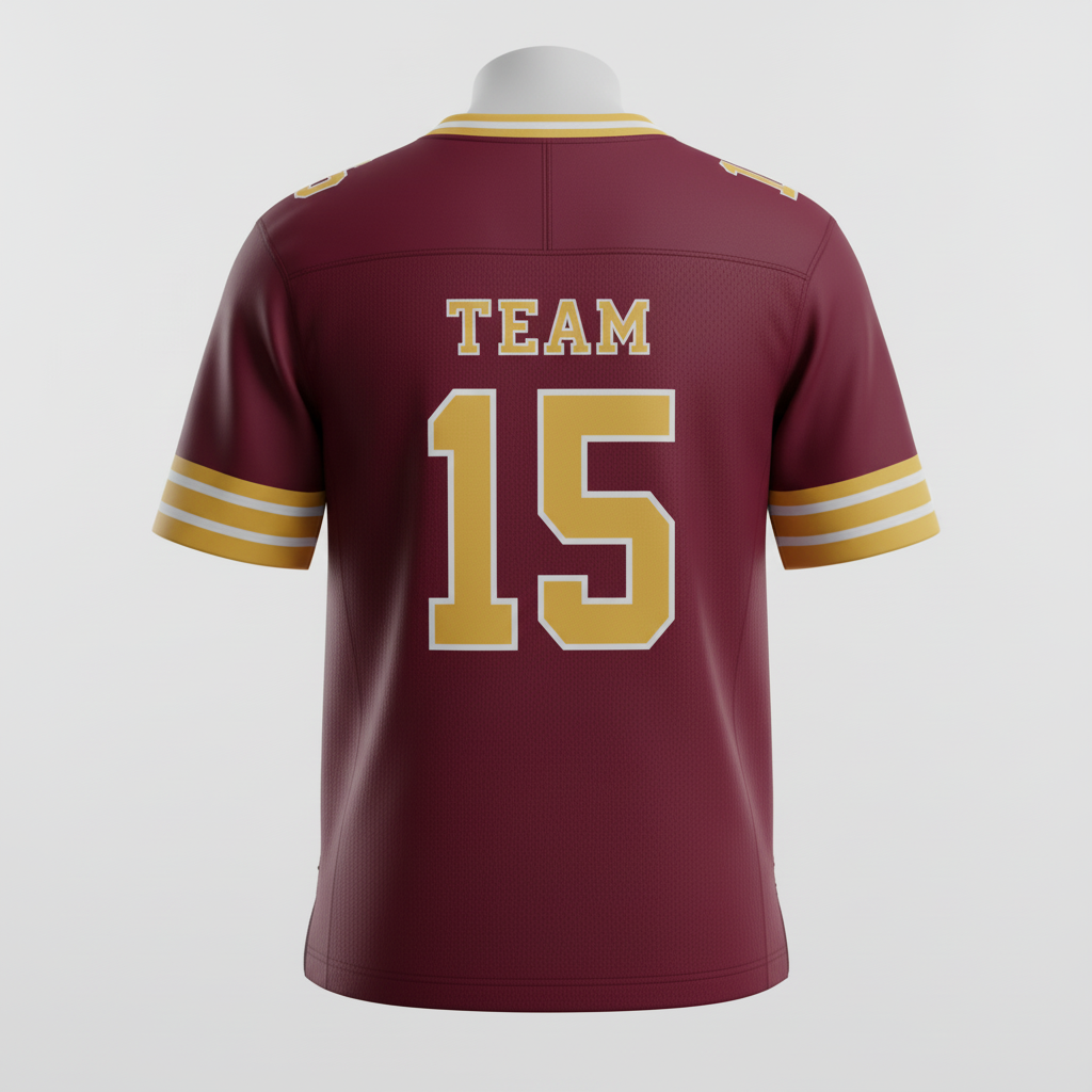Back view of custom v-neck football jersey showing the nameplate and pro-cut number