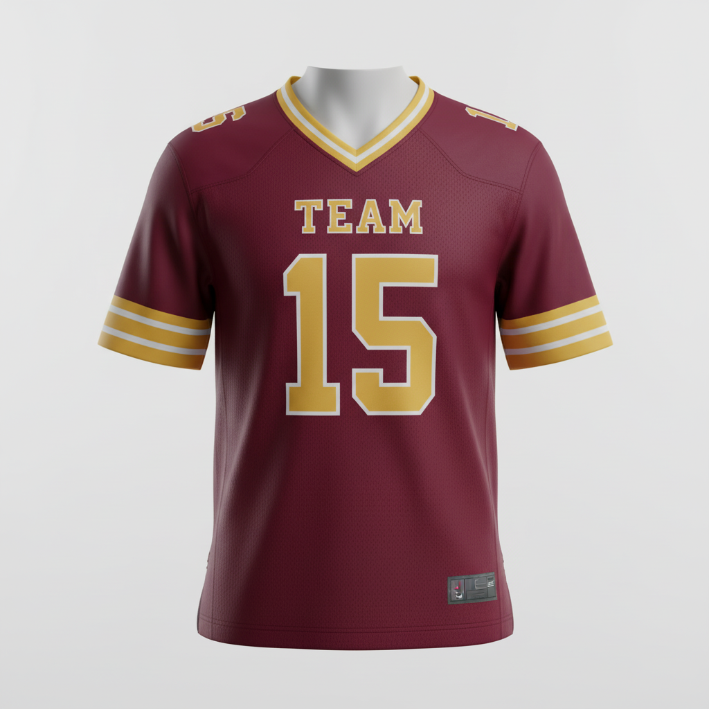Front view of custom v-neck football jersey in 200 GSM game mesh with a V-neck collar and tackle-twill numbers from Empire Five Athletics