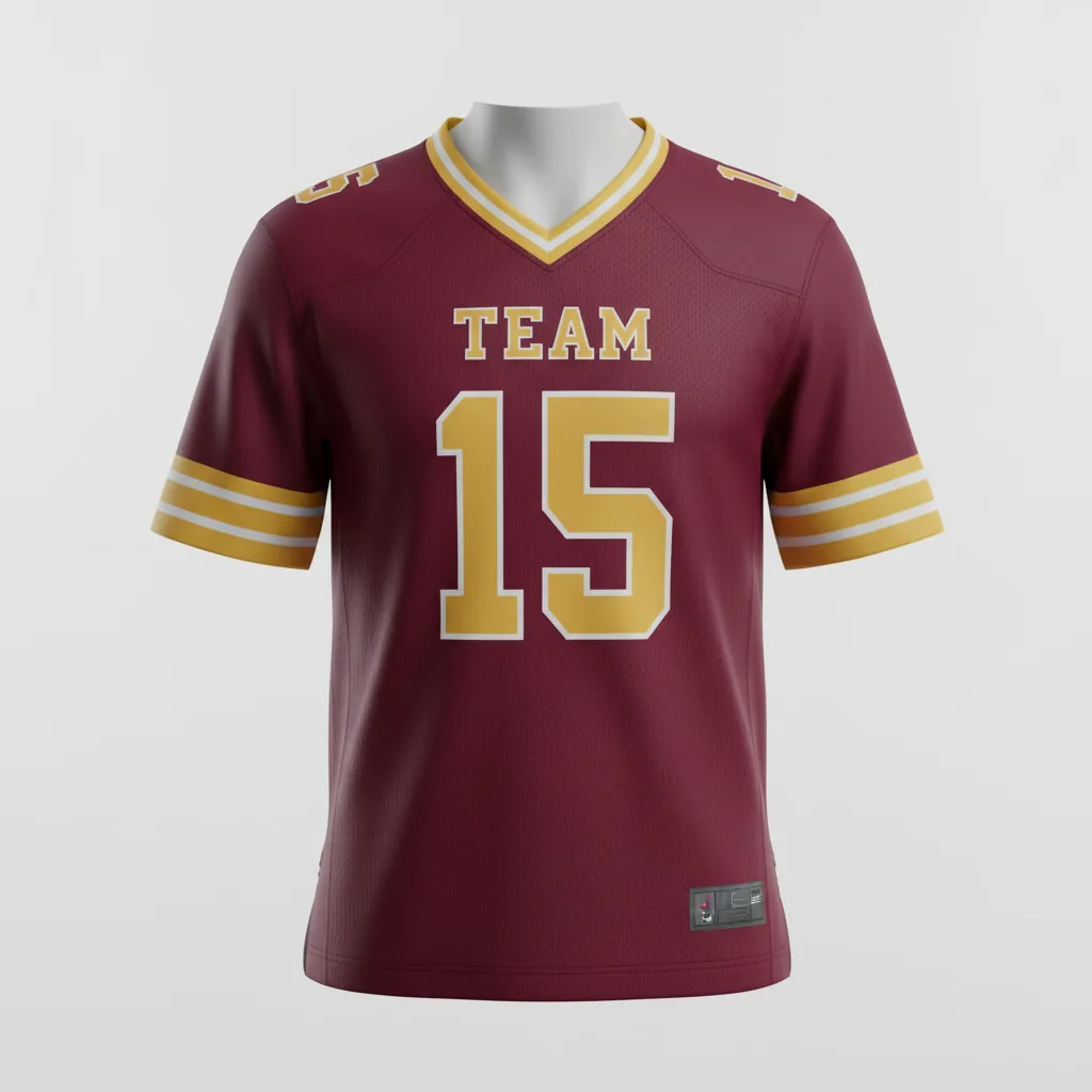 Front view of custom v-neck football jersey in 200 GSM game mesh with a V-neck collar and tackle-twill numbers from Empire Five Athletics