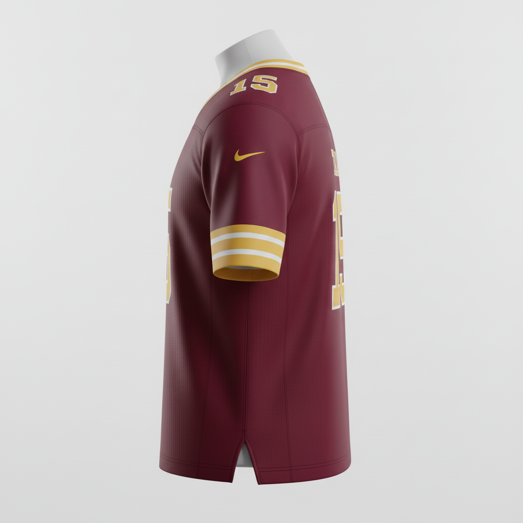 Side view of custom v-neck football jersey showing the collar and reinforced seam