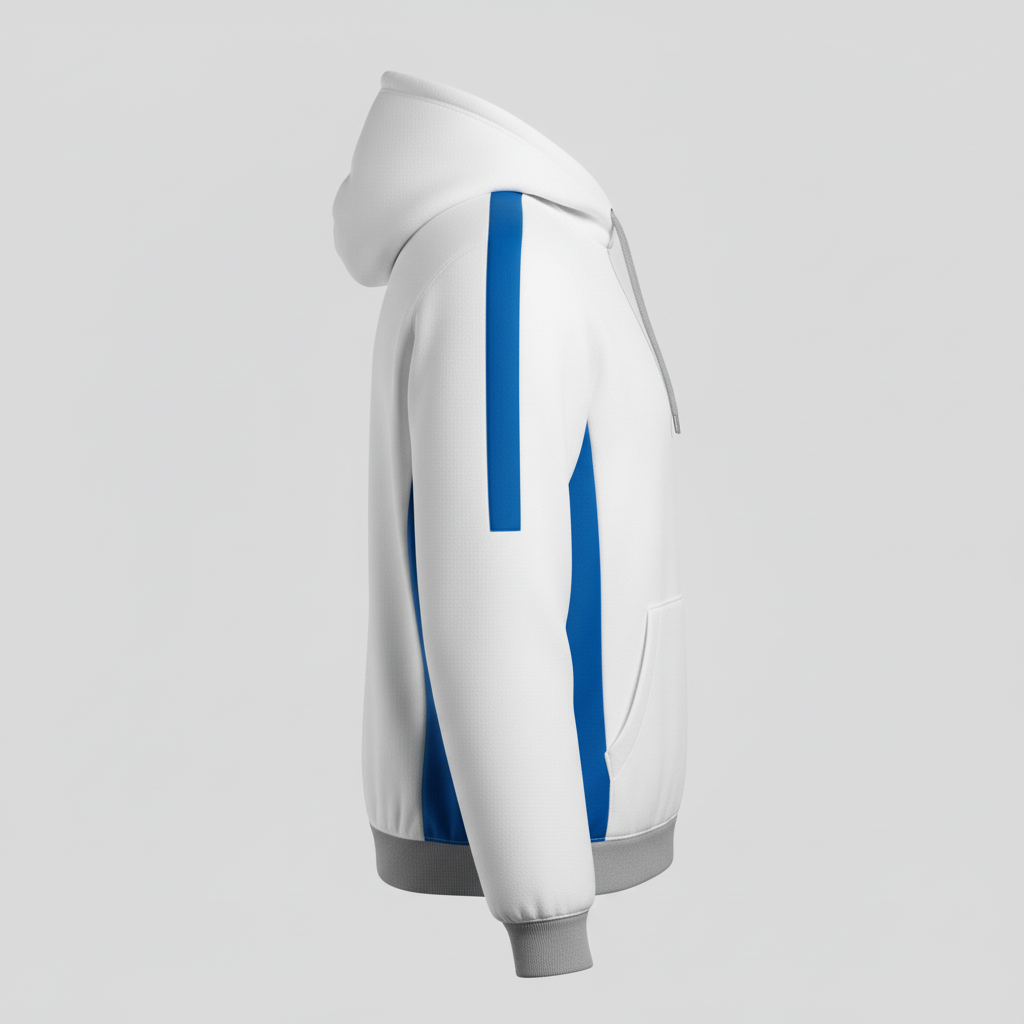 Side view of custom football hooded sweatshirt showing the kangaroo pocket and ribbed cuff