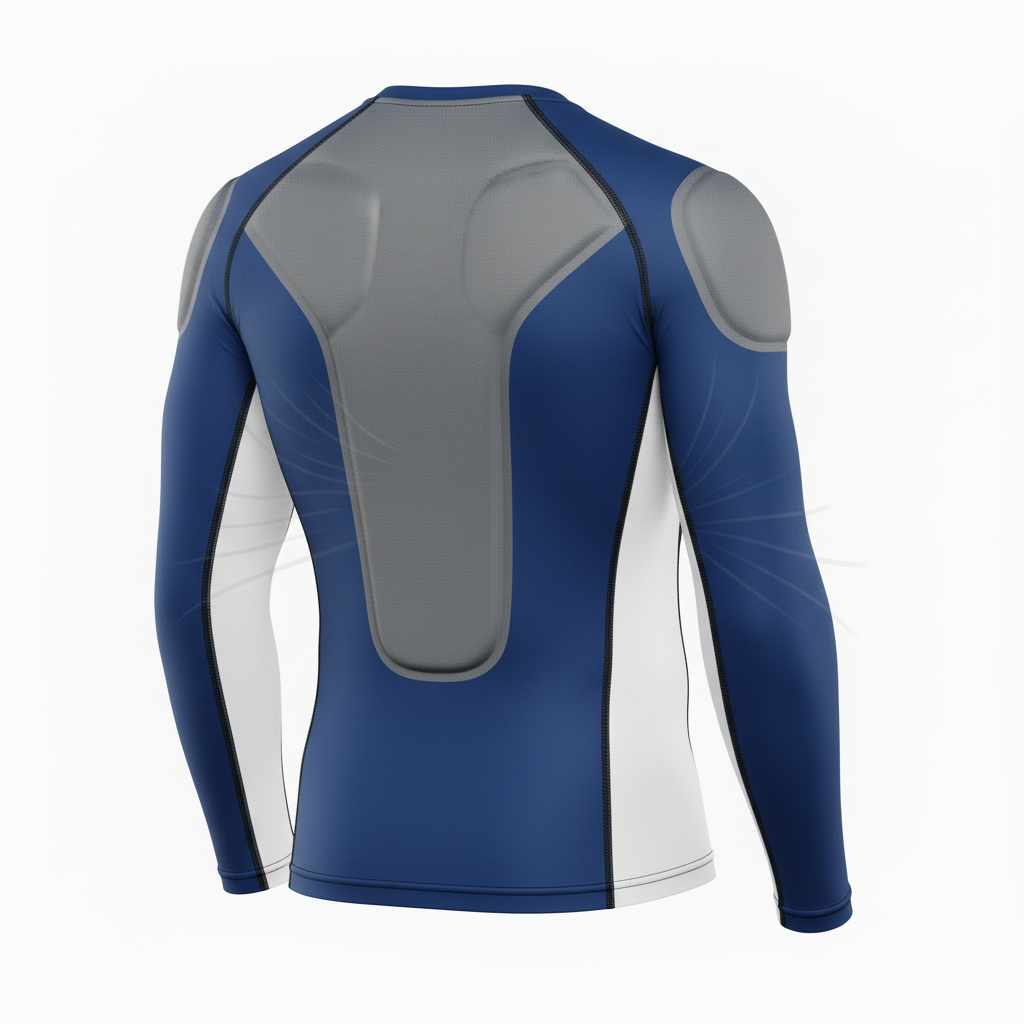 Back view of custom padded football compression shirt showing the rib and sternum pads