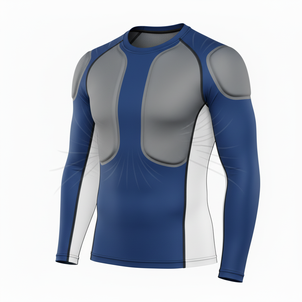 Front view of custom padded football compression shirt in 240 GSM poly-spandex with integrated shoulder and rib pads from Empire Five Athletics