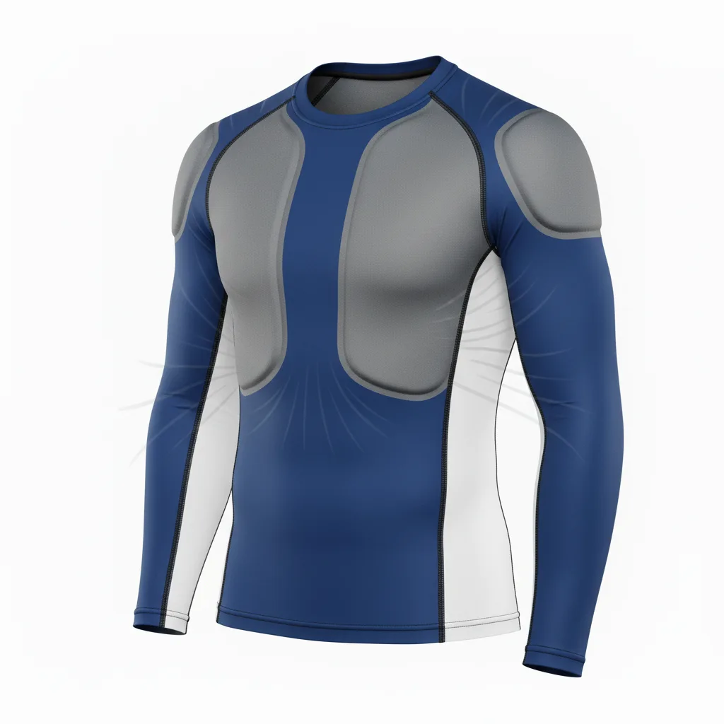 Front view of custom padded football compression shirt in 240 GSM poly-spandex with integrated shoulder and rib pads from Empire Five Athletics